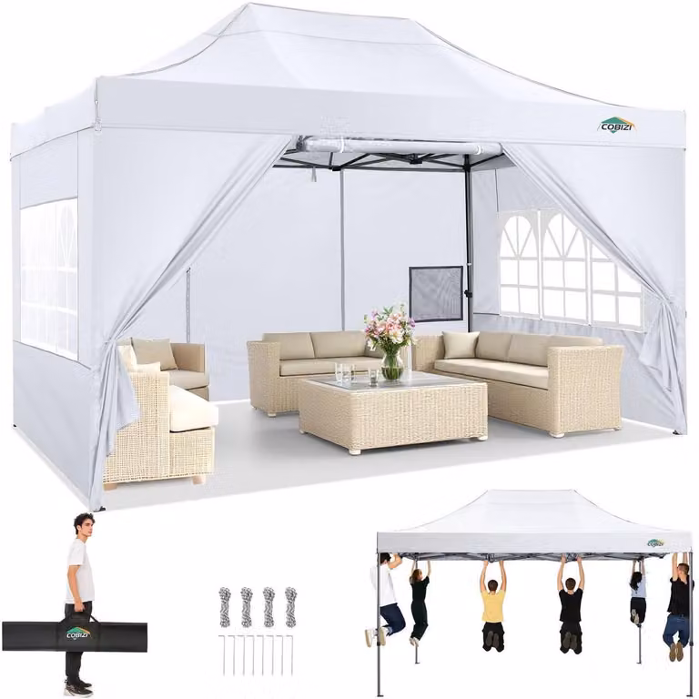 Gazebo da esterno 3x4,5 metri, impermeabile, con protezione UV 50+ e dotato di 4 pannelli laterali, colore bianco