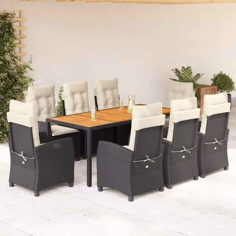 Set da Pranzo da Giardino vidaXL in Polyrattan e Legno di Acacia con Cuscini, 9 Pezzi, Nero e Bianco