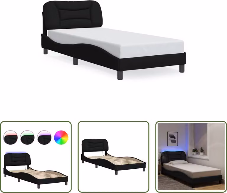 The Living Store Struttura letto con LED in tessuto nero 90x190 cm