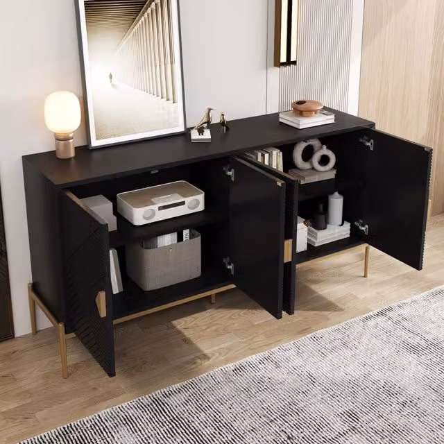 Credenza con 4 ante e gambe in metallo finitura geometrica nera con maniglie dorate per soggiorno 162 × 40 × 80 cm