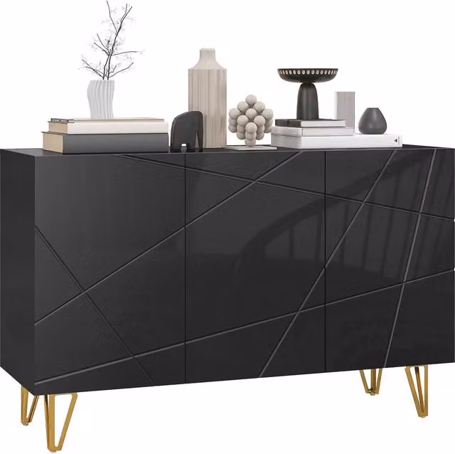 Buffet Salon, Meuble de Rangement à Haut Brillance, 3 Portes à Fermeture Douce et Étagères Réglables, 120x40x75cm, Noir