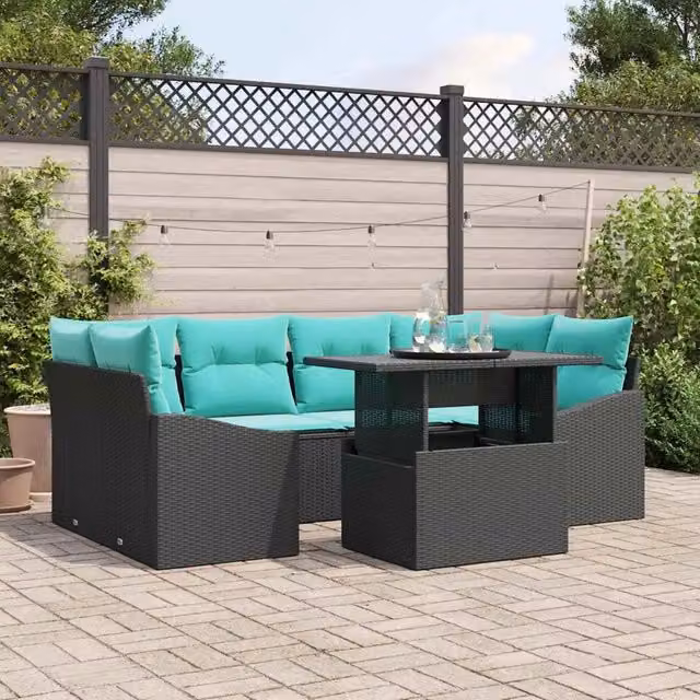 Set Divano da Giardino 7 pz Nero e Blu Poly Rattan 3348942