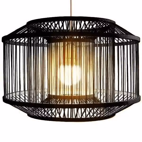 Fine Asianliving Bamboo Hanging Lamp Lampada a sospensione Nero Fatto a mano - Carlson D50xH35cm Lampada a sospensione Illuminazione Paralume di bambù Tessuto Lampada Illuminazione Rotan