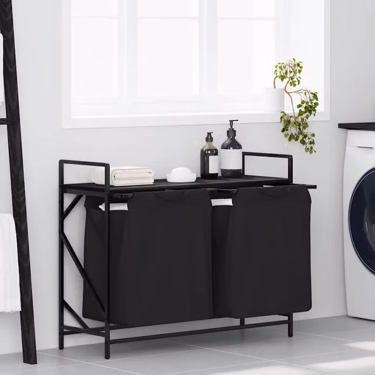 vidaXL Cesto della Biancheria a 2 Scomparti con Ripiano in Rovere Nero L/P/H: 77 x 33 x 97 cm