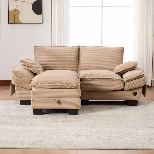Divano a 2 posti Mivray in velluto a coste beige con pouf contenitore e ricarica USB-C H: 84 cm, L: 190 cm, P: 132 cm
