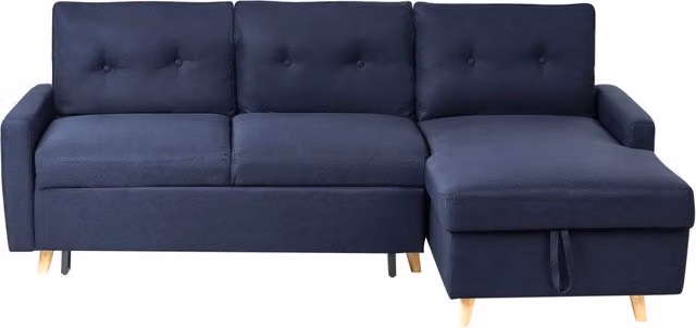Divano letto ad angolo in tessuto blu 4 posti contenitore a forma di L con orientamento a versione sinistra