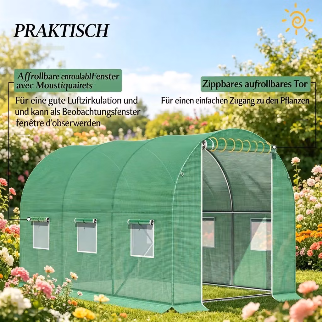 Serra a tunnel OKWISH verde con struttura in metallo, porta avvolgibile, 6 finestre e telo in polietilene, L/P/H: 298 x 198 x 196 cm – 2