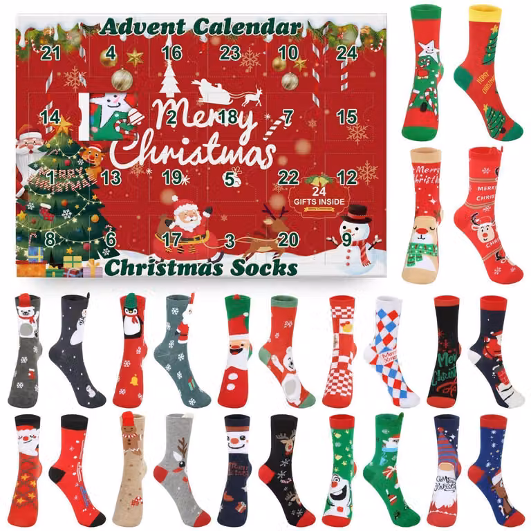 24 paia di calze natalizie, calendario dell'Avvento, set regalo da donna/uomo