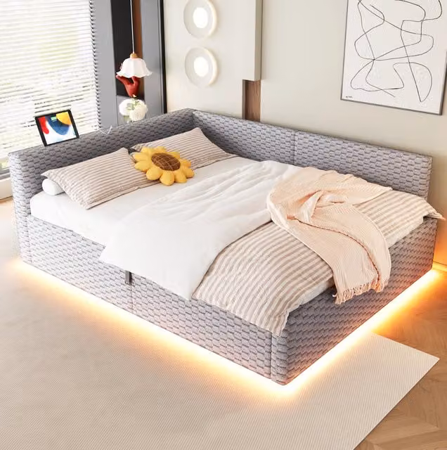 Letto imbottito 140x200 cm grigio in velluto con LED e ricarica USB-C