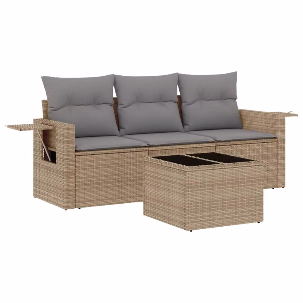 Set Divano da Giardino 4 pz con Cuscini Beige in Polyrattan