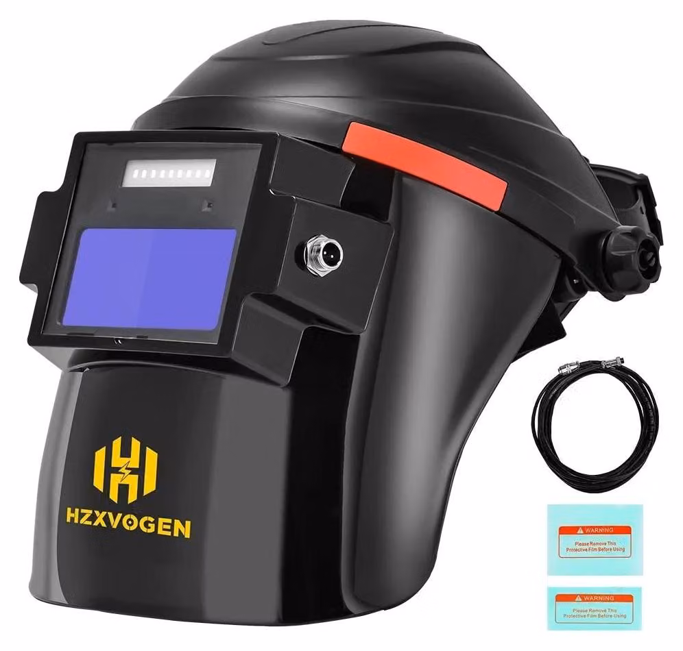 Casco per saldatura - Modello HV009 - Auto-oscurante - Alimentazione solare e a batteria - Sensibilità regolabile - Campo visivo 4,3 x 9,1 cm - Materiale: PP