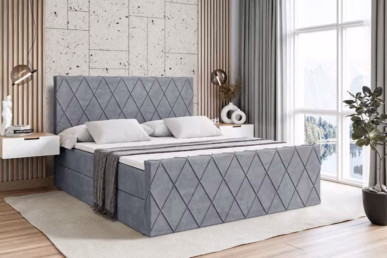 Letto boxspring ALTDECOR con pediera, materasso H3 e topper - 140x200 cm - LEPARO-Z - Grigio velluto - Letto imbottito con contenitore e rete a doghe, letto con spazio contenitivo