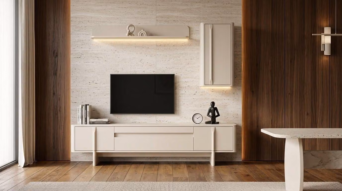 Mobile TV a muro, pensile, scaffale, stile moderno, bianco, pratico, ideale per il soggiorno