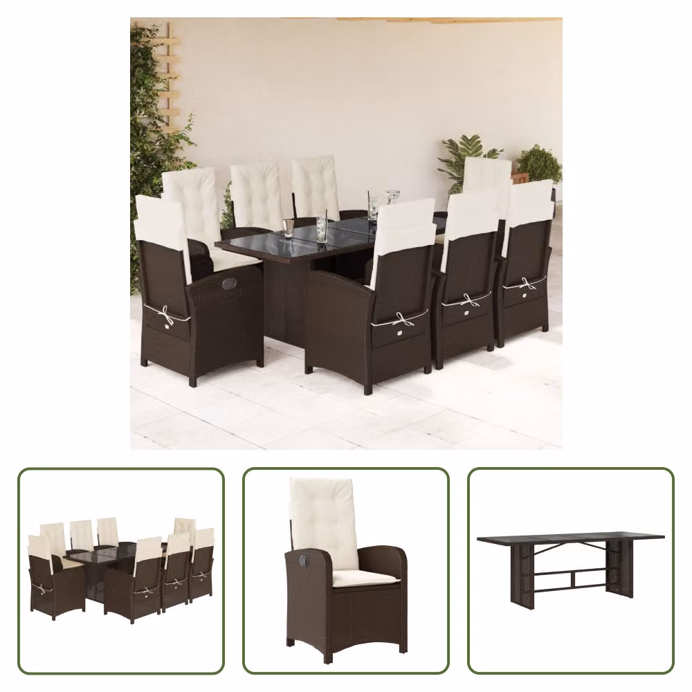 The Living Store Set da pranzo da giardino 9 pezzi con cuscini in polirattan marrone