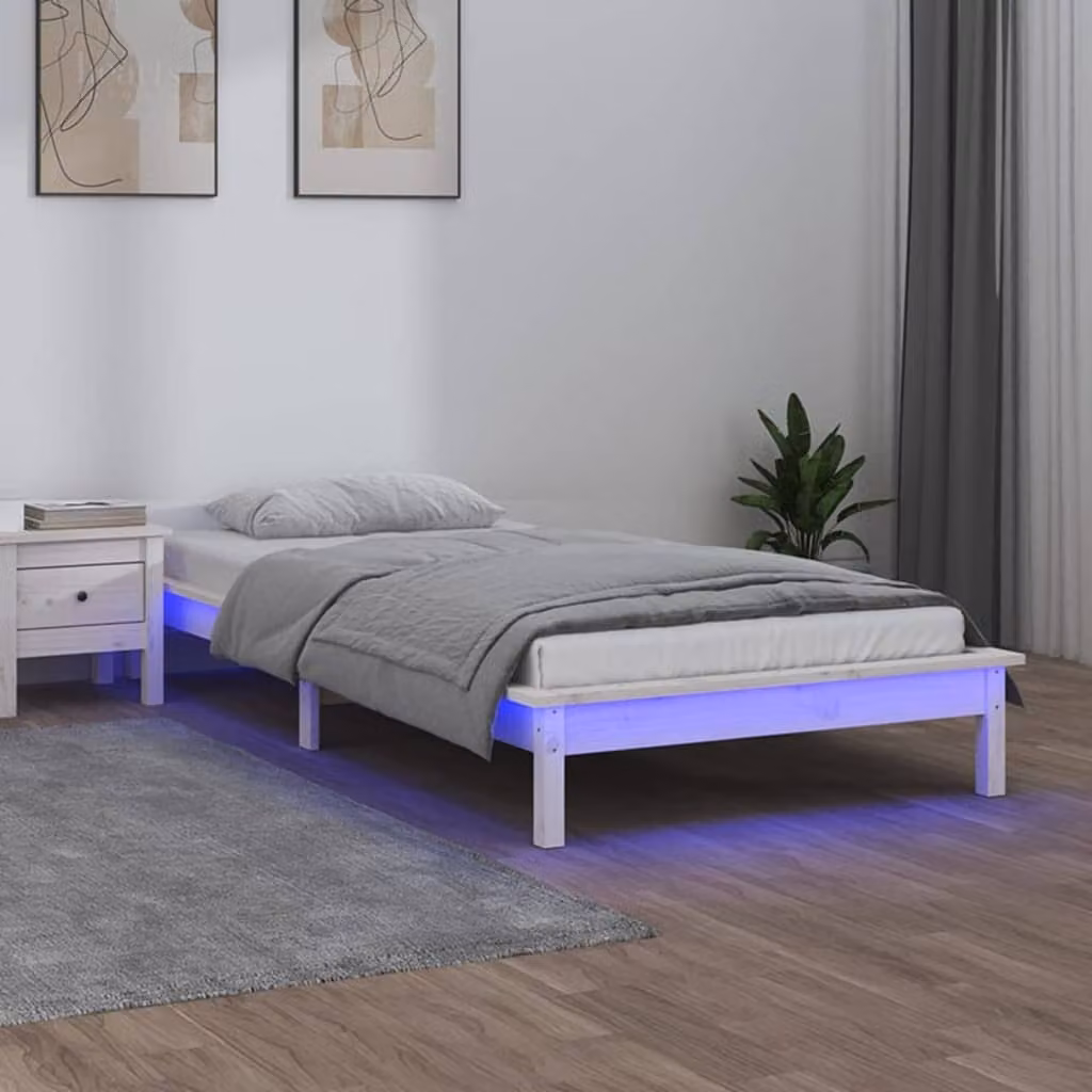 The Living Store Letto in legno massiccio con LED bianchi 90x190 cm