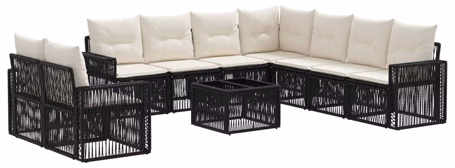 Set Divano da Giardino 10 pcs Nero e Bianco Crema polyrattan