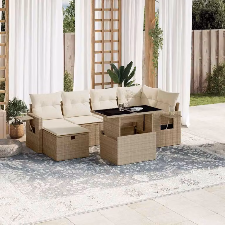 Set di divani da giardino vidaXL in polyrattan beige con cuscini e tavolino da esterno a forma di L