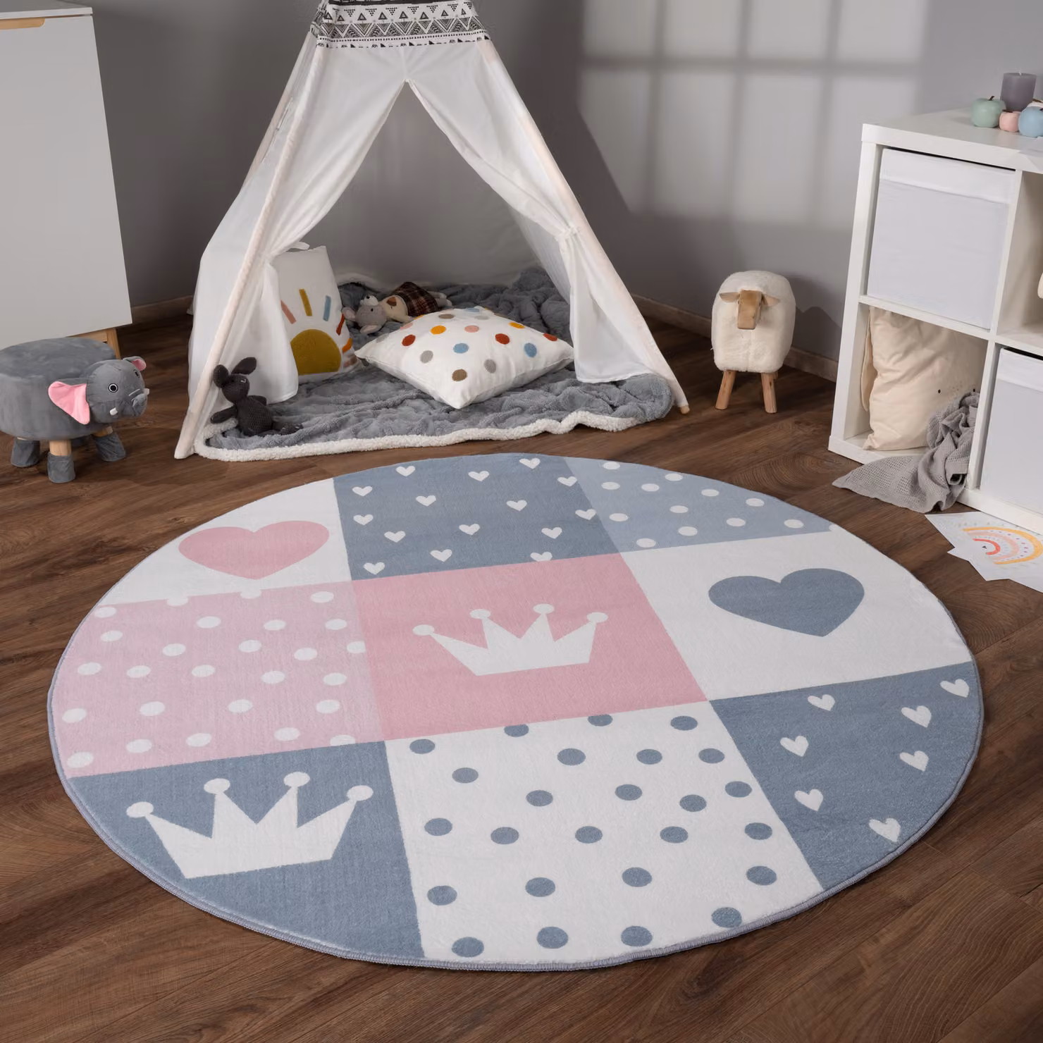Tappeto rotondo per bambini Eliza rosa con motivo a pois, antiscivolo e facile da pulire, Diametro: 160 cm – 2