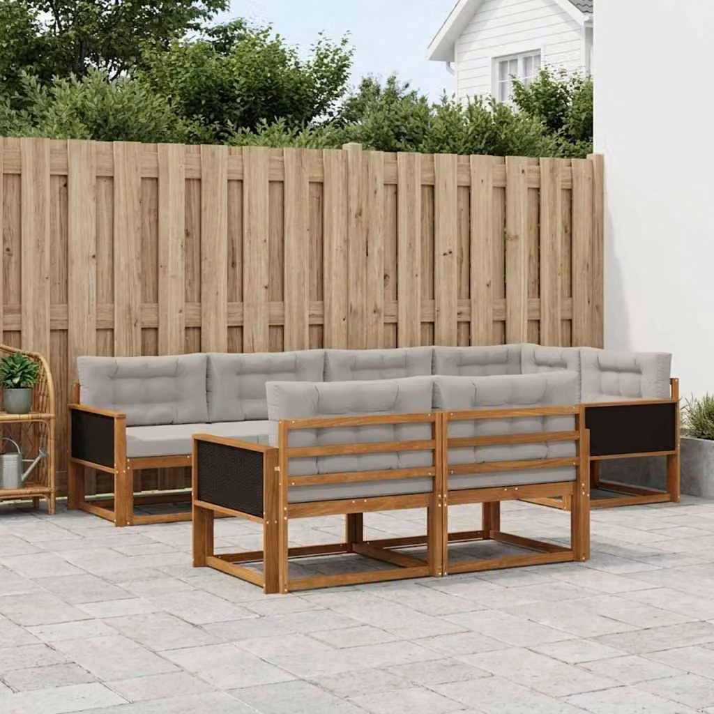 vidaXL Set di divani da esterno a forma di U composto da 8 pezzi in legno di acacia con cuscini, colore marrone e grigio chiaro
