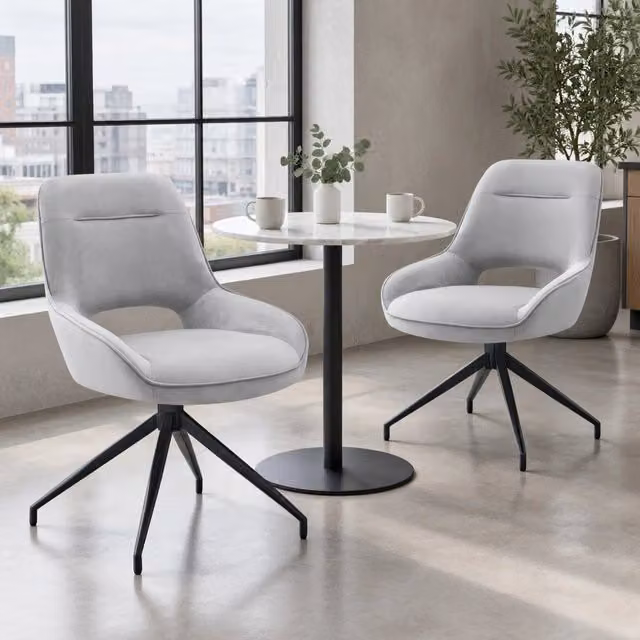 Set di 2 Sedie da Pranzo Girevoli a 360° in Velluto Grigio Chiaro con Struttura in Metallo Nero