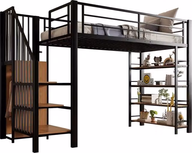 Letto a soppalco singolo REDOM in metallo nero con scala a gradini e ripiani laterali L/P/H: 200 x 90 x 120 cm – 1