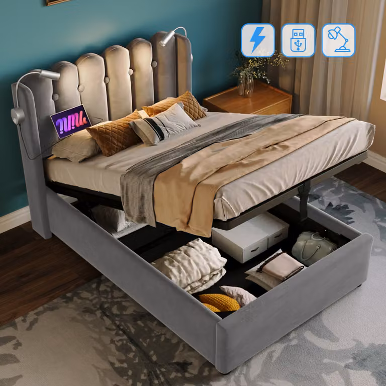 Letto imbottito Flieks 90x200cm con rete a doghe, letto a molle idrauliche con USB e luce di lettura, letto contenitore letto singolo, velluto, grigio