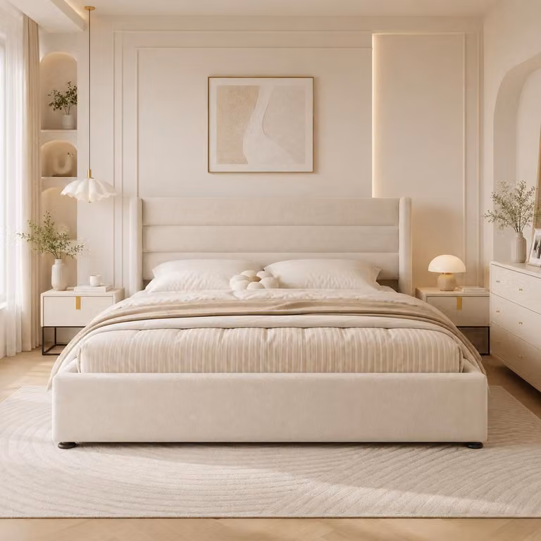 INONEFT, Letto imbottito idraulico 160x200 cm, letto matrimoniale con contenitore, letto a molle con rete a doghe, colore: lino, beige, senza materasso