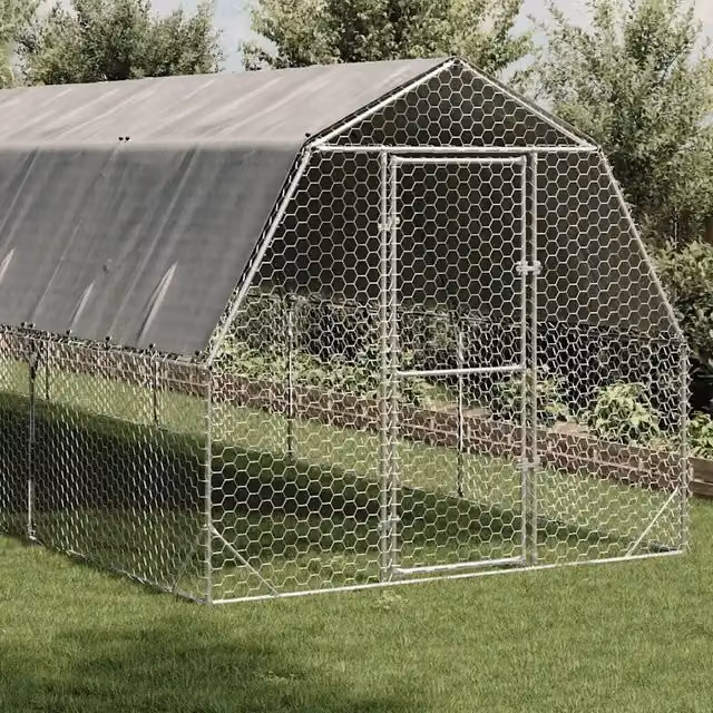 Recinto per polli con tetto in acciaio zincato color argento L: 6 m, P: 2,5 m, H: 2,25 m – 1