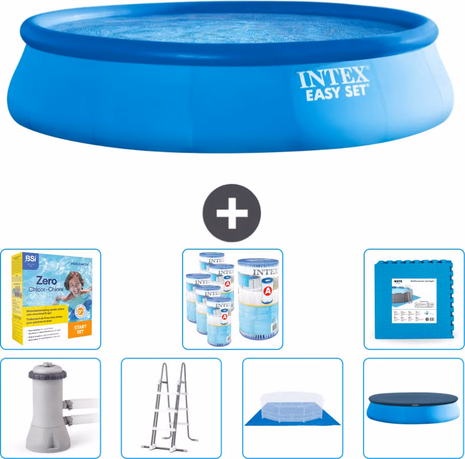 Piscina gonfiabile rotonda Easy Set di Intex - 457 x 107 cm - blu - pompa inclusa - scaletta - telo per il pavimento - pacchetto di manutenzione della copertura - filtro - piastrelle per il pavimento