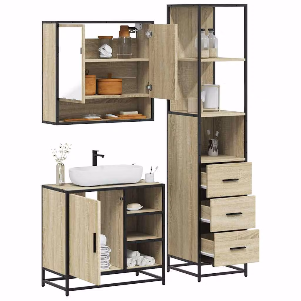 Set di mobili da bagno industrial vidaXL in legno e metallo marrone composto da mobile lavabo, armadietto alto e pensile con specchio L/P/H: 60 x 20 x 65 cm, 60 x 20 x 65 cm e 60 x 20 x 65 cm