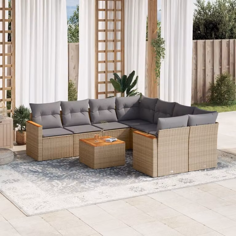 vidaXL Set Divano da Giardino a L 9 pz con Cuscini Beige e Grigio in Polyrattan e Acciaio con Tavolino da Caffè