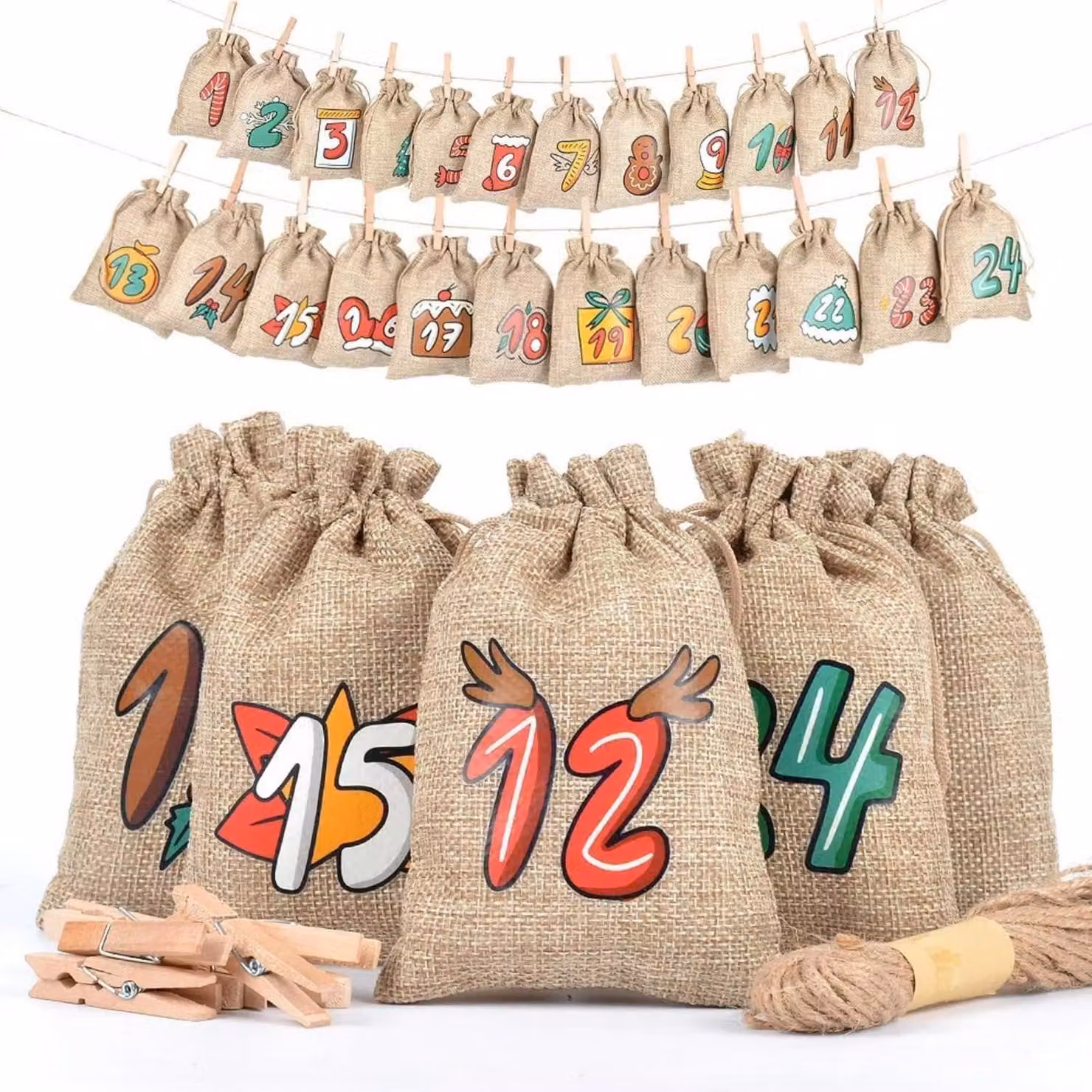 Calendario dell'Avvento da riempire personalmente, composto da 24 sacchetti di juta con numeri, color marrone, dimensioni 10x15,5 cm