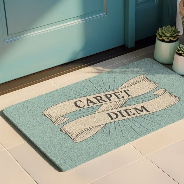 Zerbino rettangolare Carpe diem color turchese con fondo antiscivolo e design grafico, L: 70 cm, P: 40 cm