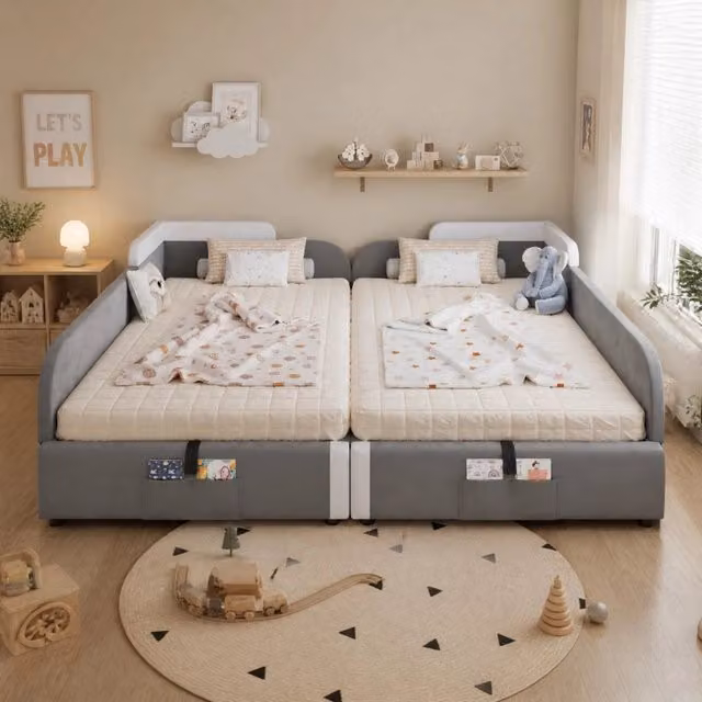 Letto imbottito per bambini con contenitore idraulico; 2 materassi 90x200 cm; grigio