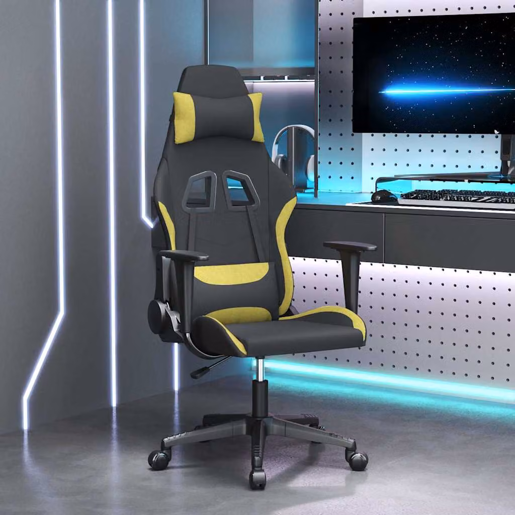 Sedia da Gaming vidaXL in Tessuto, Colore Nero, Verde e Grigio con Poggiatesta e Ruote, Ruotabile a 360 Gradi