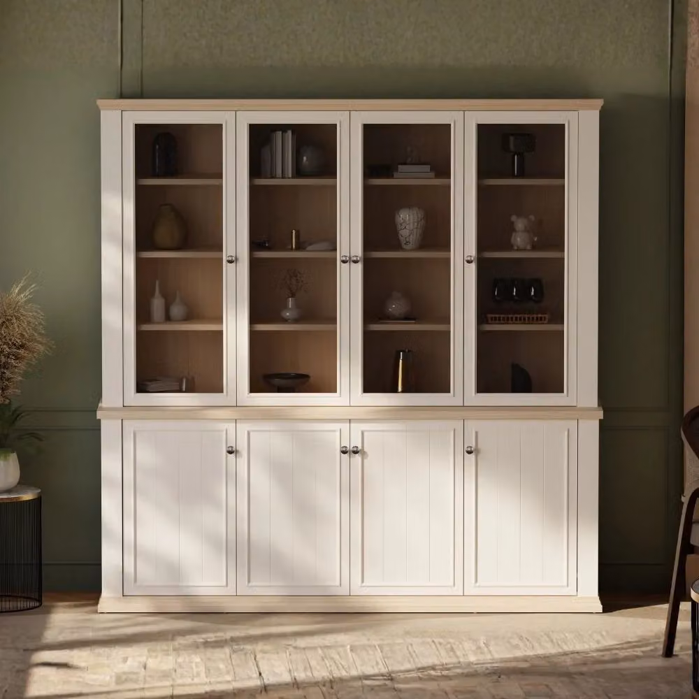 Vetrina Essenza TEZETA in stile classico con 4 ante in vetro, colore bianco e rovere, H: 202,1 cm x L: 198,5 cm x P: 43,3 cm – 2