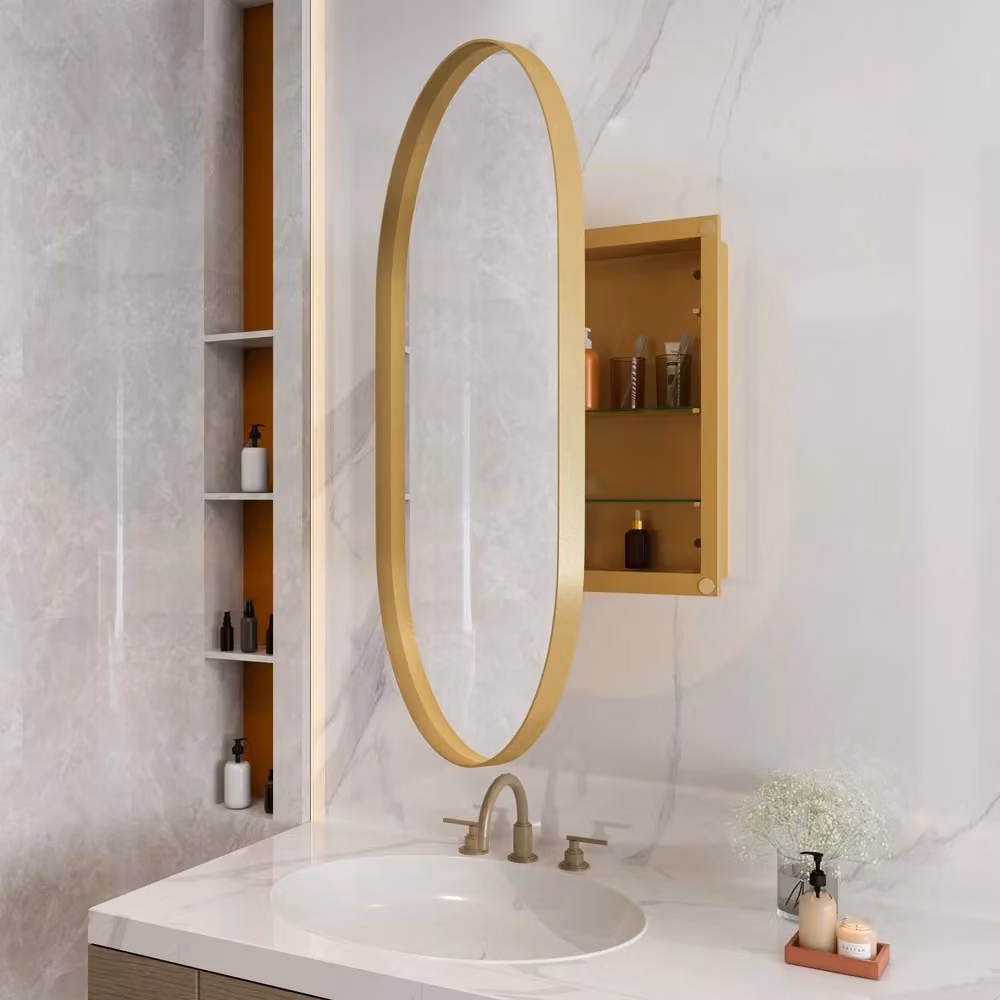 Armadietto da bagno con specchio ovale MINIMAL con ripiani regolabili e finitura oro