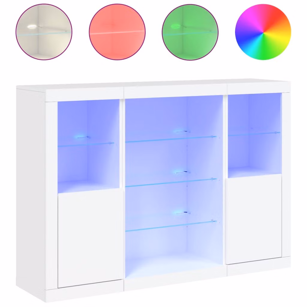 Credenze con Luci LED 3 pz Bianche in Legno Multistrato