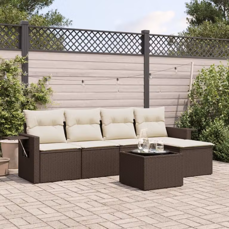 vidaXL Set Divano da Giardino 6 pz a L in Polyrattan Marrone e Bianco con Cuscini e Tavolino