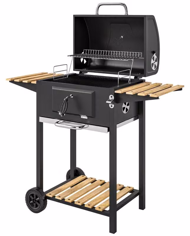Carrello per barbecue a carbone Moonbite, dimensioni 112 x 58 x 107 cm, con coperchio, termometro e vasca per il carbone a 3 livelli, adatto per 4-8 persone, in acciaio inossidabile, colore nero