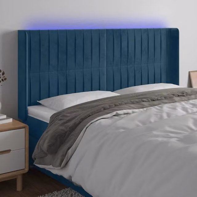 Testiera per letto vidaXL in velluto blu con illuminazione LED e porta USB, L: 183 cm, P: 16 cm, H: 118-128 cm – 1