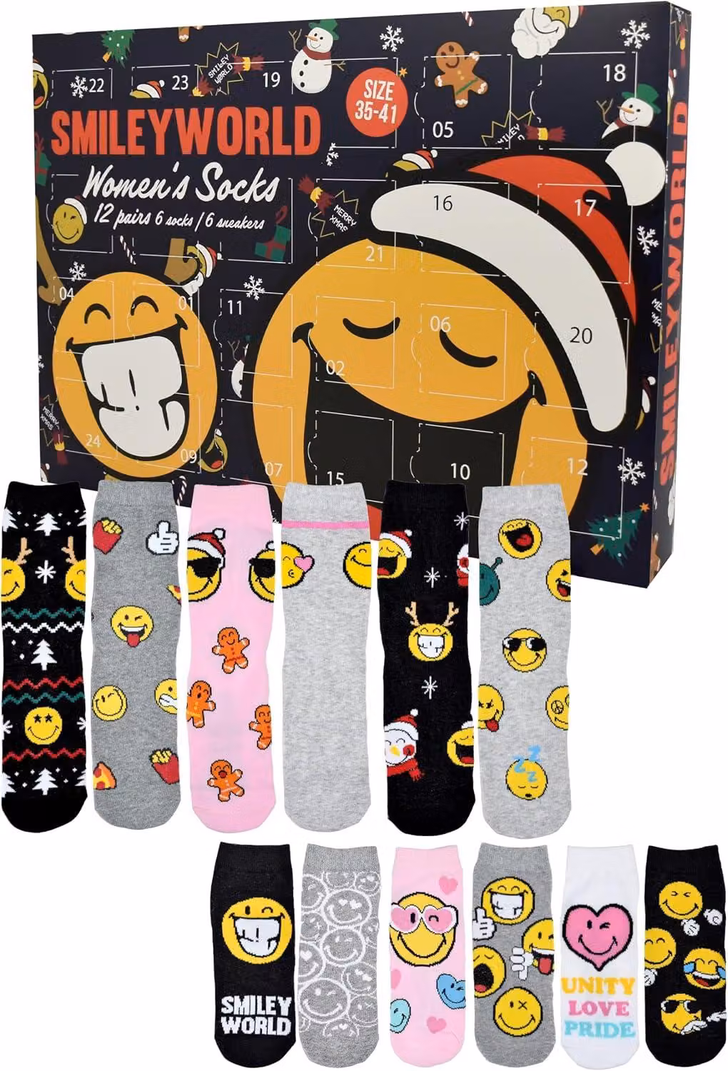 Calendario dell'Avvento SmileyWorld con 12 paia di calze da donna - Taglia 35-41 - Calendario con sneakers e calze lunghe - Calendario di Natale - Regalo