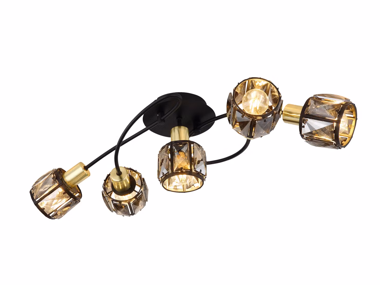 Globo Lighting plafoniera metallo nero opaco, metallo color oro opaco, cristalli di vetro color fumo, LxLxH: 614x360x210mm, excl. 5x E14 40W 230V