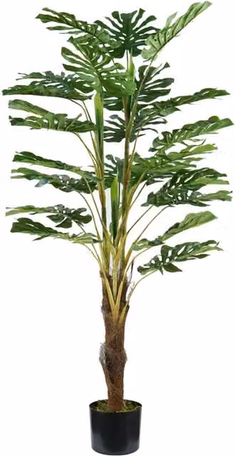 Pianta Monstera artificiale verde Garden Friend con 24 foglie e vaso con muschio in plastica, Altezza: 120 cm