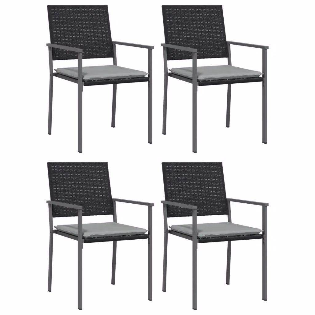 Set di 4 sedie da giardino vidaXL in polyrattan con cuscini, colore nero e grigio, L: 54 cm, P: 62,5 cm, H: 89 cm