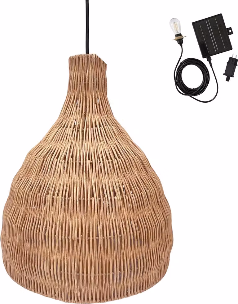 BELLA SOLAR lampada a sospensione a energia solare in rattan naturale con cavo ibrido energia/solare di 5 m