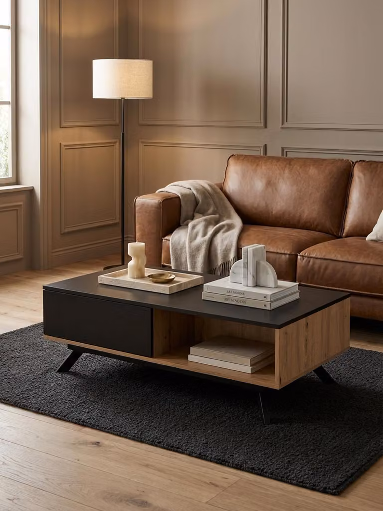 Tavolino da salotto 110x60x38 cm MDF finitura rovere / nero Tavolino da salotto, tavolino rettangolare con spazio contenitivo, tavolino da caffè con cassetti, tavolino da salotto con gambe in metallo
