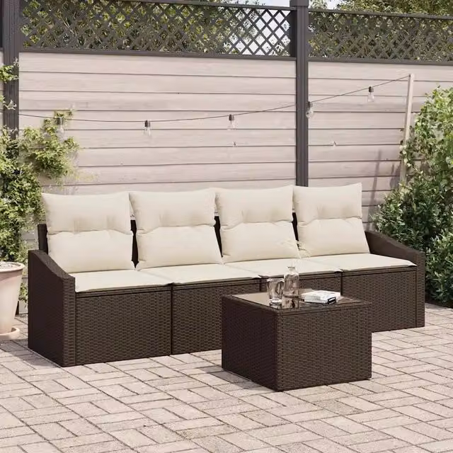 Set di divani 5 pz Marrone e Crema polyrattan 3355257