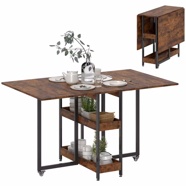 Tavolo da pranzo pieghevole per la cucina, adatto per 2-4 persone, con 2 ripiani a giorno, dotato di rotelle, struttura in metallo, dimensioni 133,4 x 80 x 75 cm, colore marrone rustico