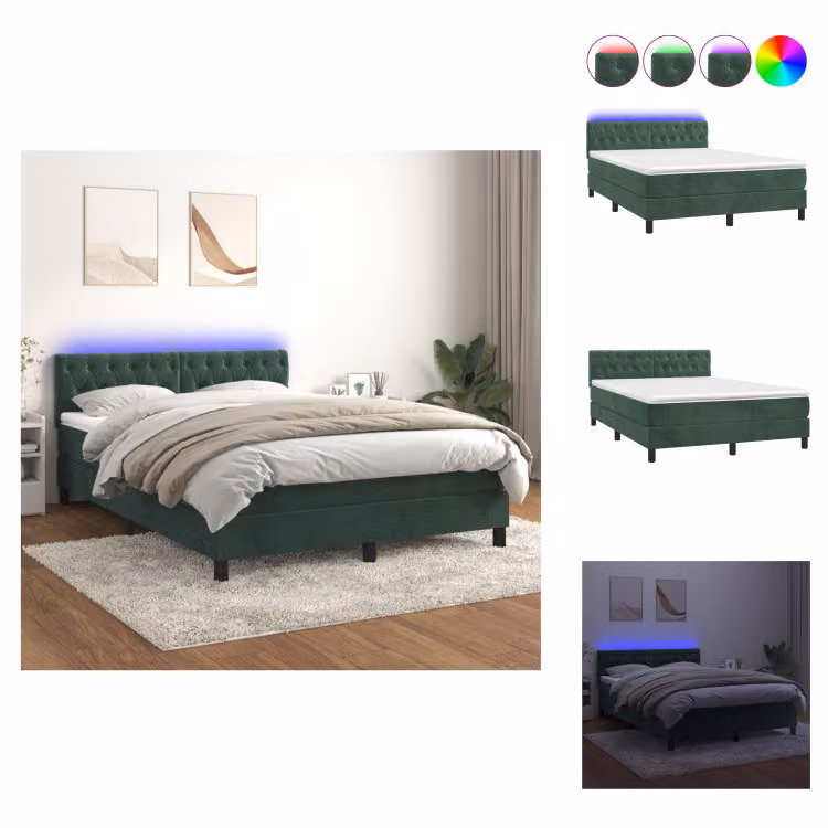 vidaXL Letto a molle con materasso e LED in velluto verde scuro 140x190 cm - Letti & strutture letto